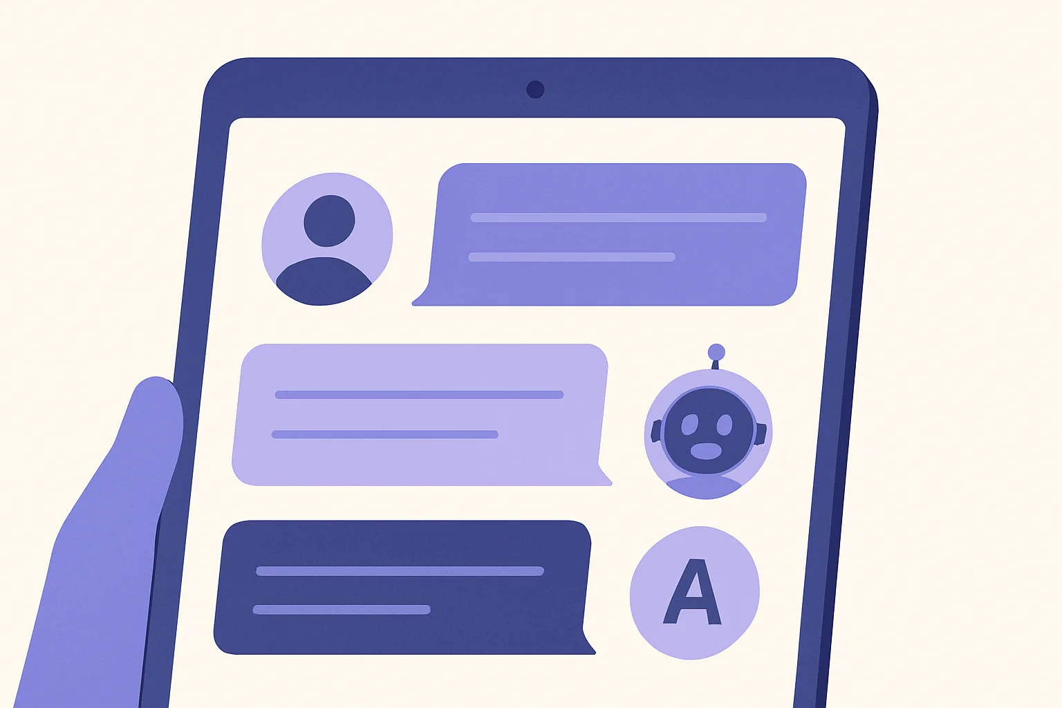A close-up of a tablet screen showing an interactive chat session between a Finnish legal client and an AI assistant, highlighting clean, clear text bubbles in both Finnish and English.