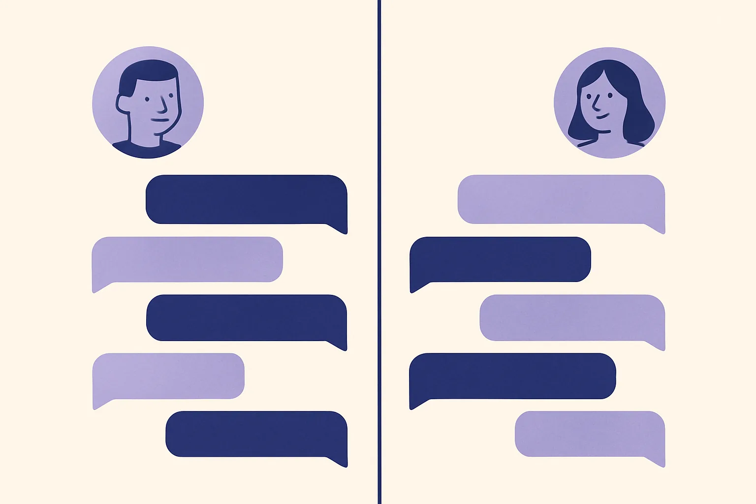 A split-screen mockup of a chat interface showing a natural conversation in Finnish on the left and English on the right