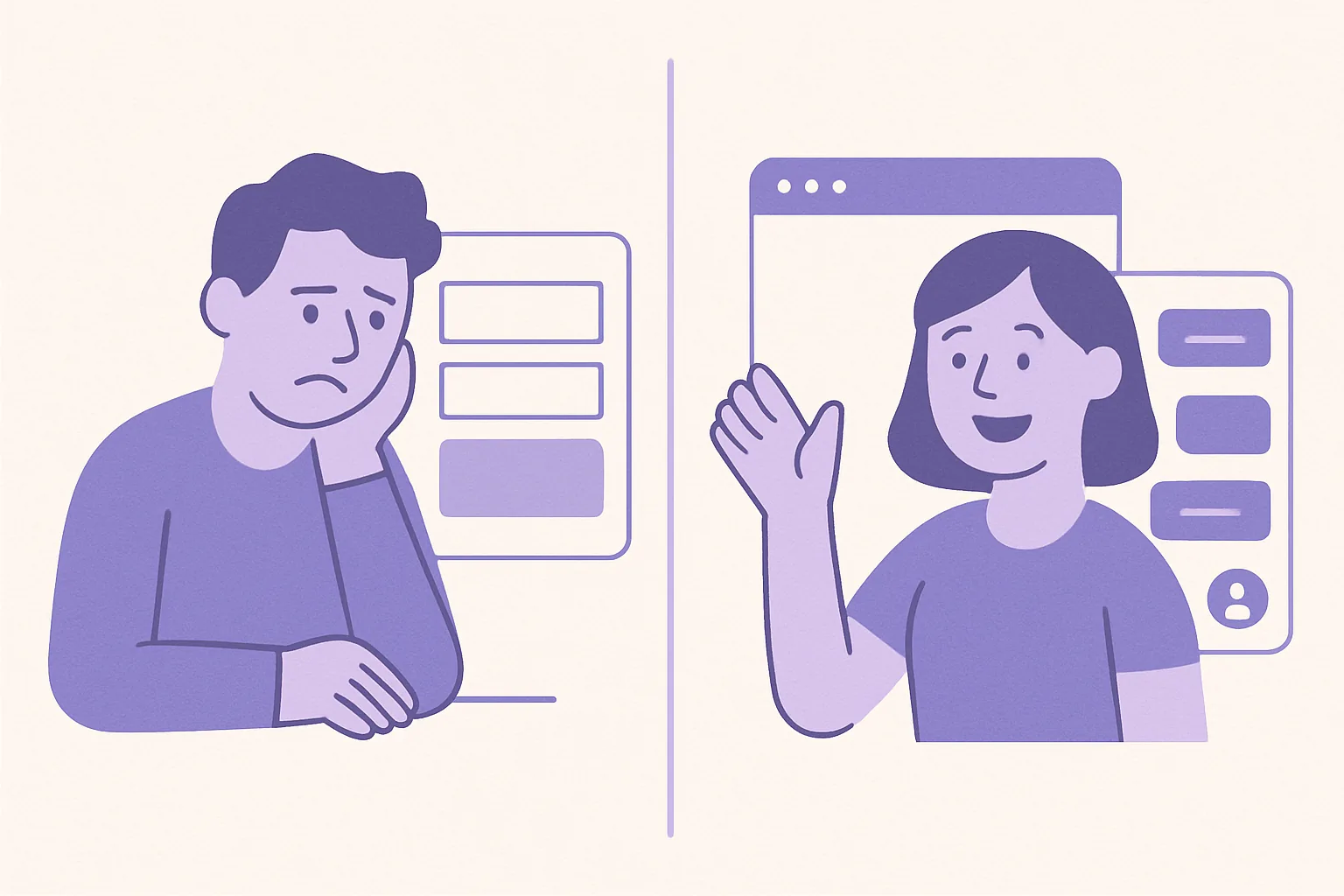 A side-by-side comparison illustration showing a frustrated user looking at a "We'll reply in 48 hours" contact form versus a happy user getting an instant answer from a clean website chat interface.