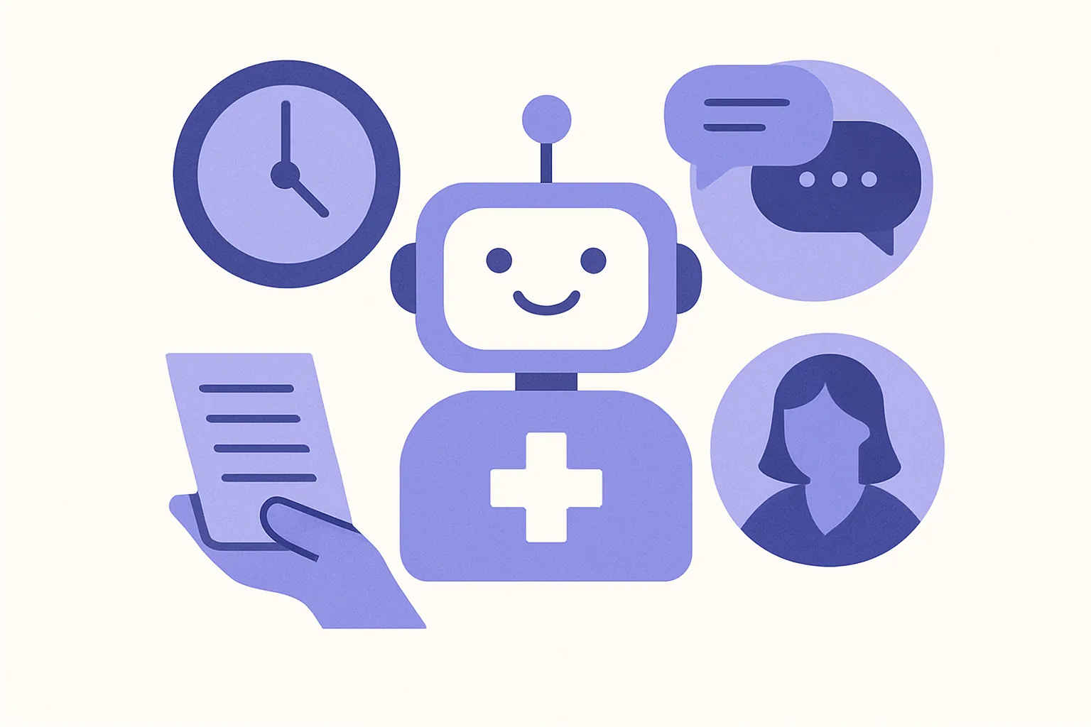 An infographic highlighting the main benefits of chatbot automation in healthcare: 24/7 support, bilingual service, and reduced admin burden