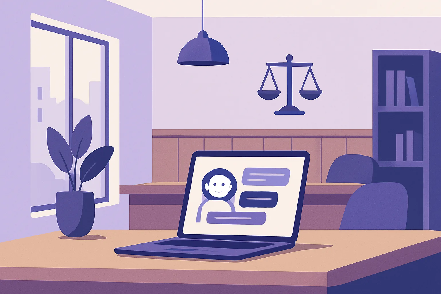 A modern Finnish law office interior in Helsinki, featuring minimalist Nordic design, clean wooden surfaces, and a laptop open on a desk displaying a professional, clean legal chatbot interface.