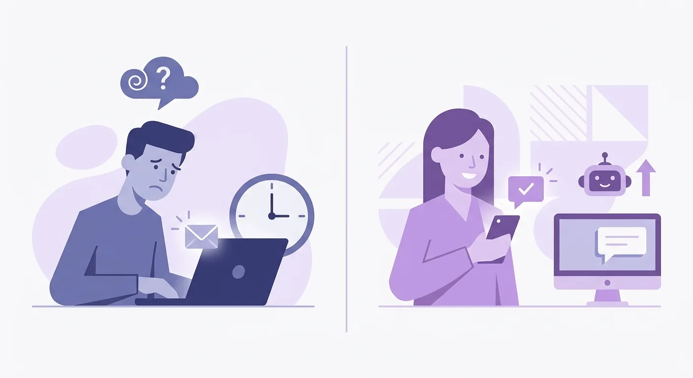 A split screen showing a frustrated customer waiting for an email response versus a satisfied customer receiving an instant answer via an automated website chat.