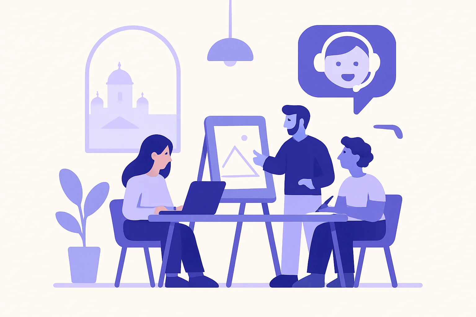 A clean, modern office in Helsinki with a small team focused on creative work, while an abstract digital assistant icon represents automated customer support running in the background.