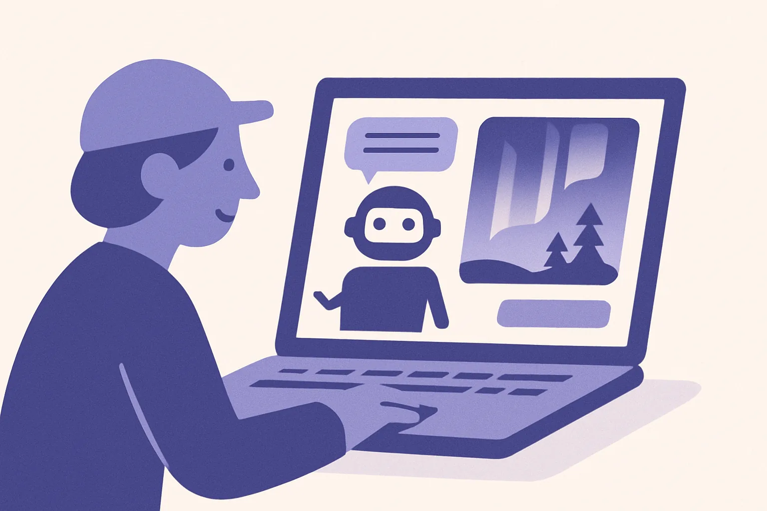 An illustration showing a laptop displaying an AI travel chatbot helping a tourist book a northern lights tour on a Finnish travel agency website
