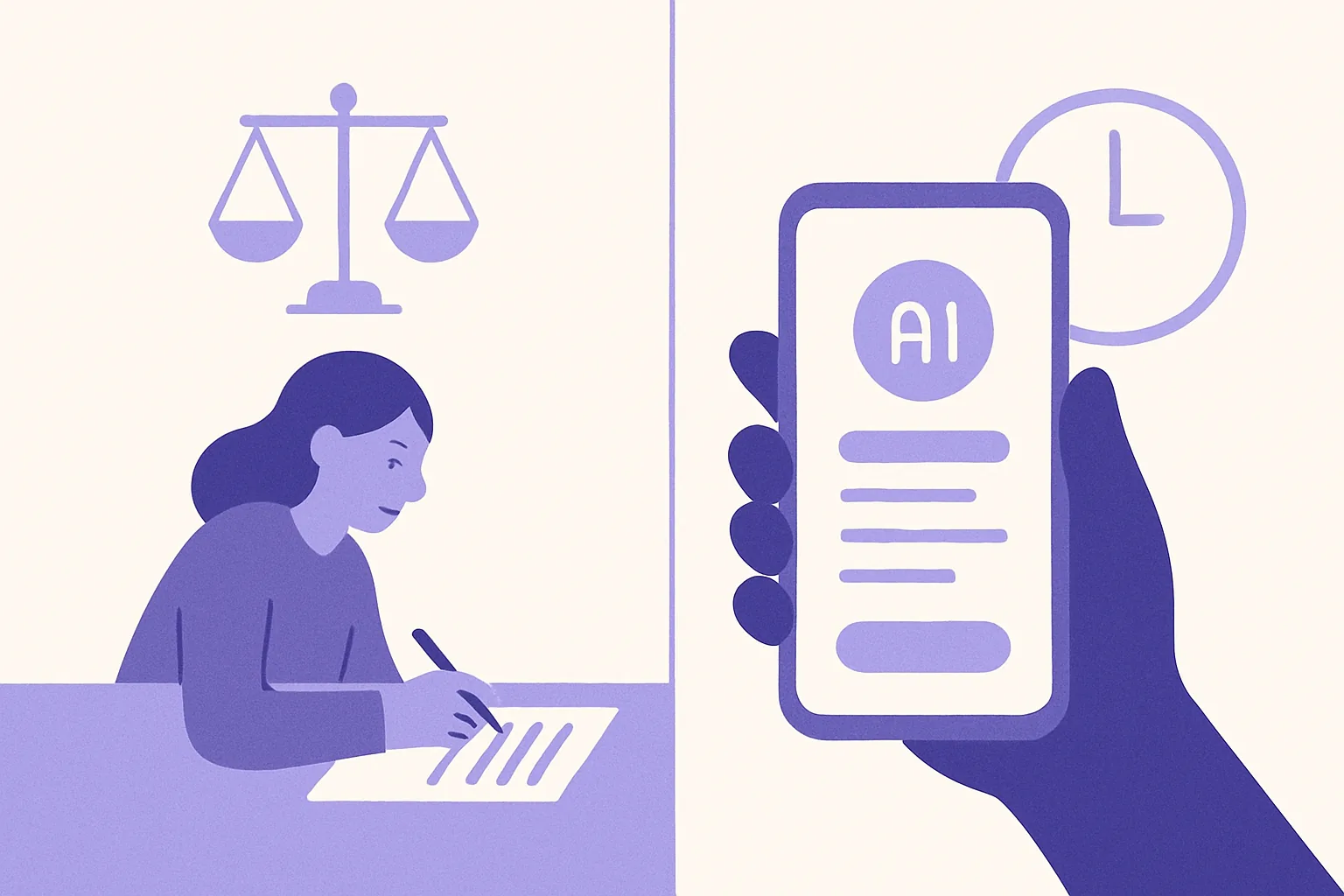 A split screen illustrating a traditional, slow legal intake process with paper forms versus a fast, digital AI-driven intake process on a smartphone.