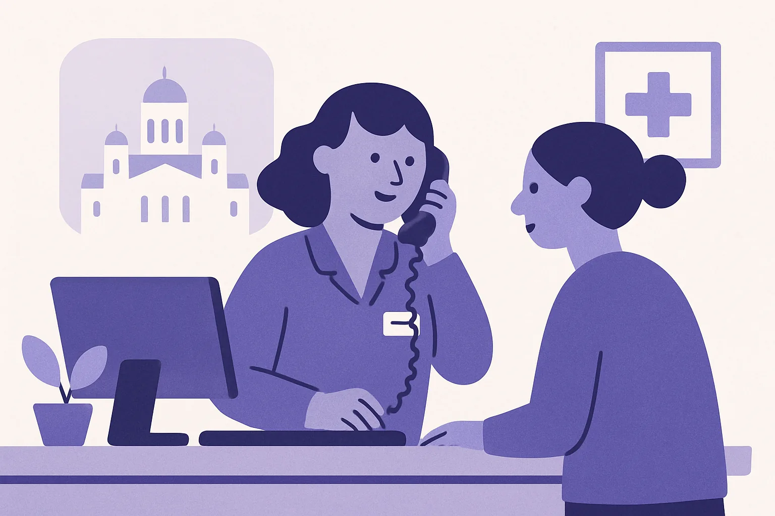 A busy receptionist at a medical clinic in Helsinki, balancing phone calls while assisting an in-person patient