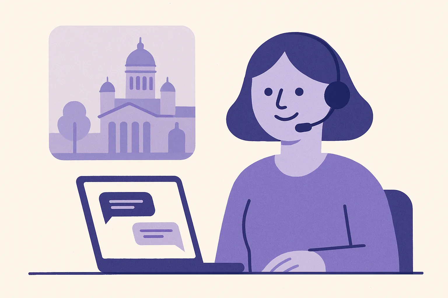 A customer service agent smiling in a modern Helsinki office, next to a laptop displaying an active chat interface