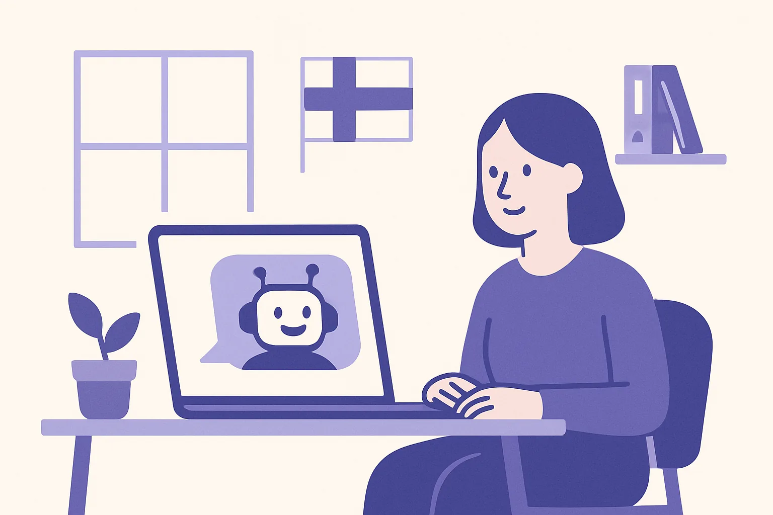 A modern Finnish accounting office with a laptop displaying a friendly AI chatbot interface assisting a client