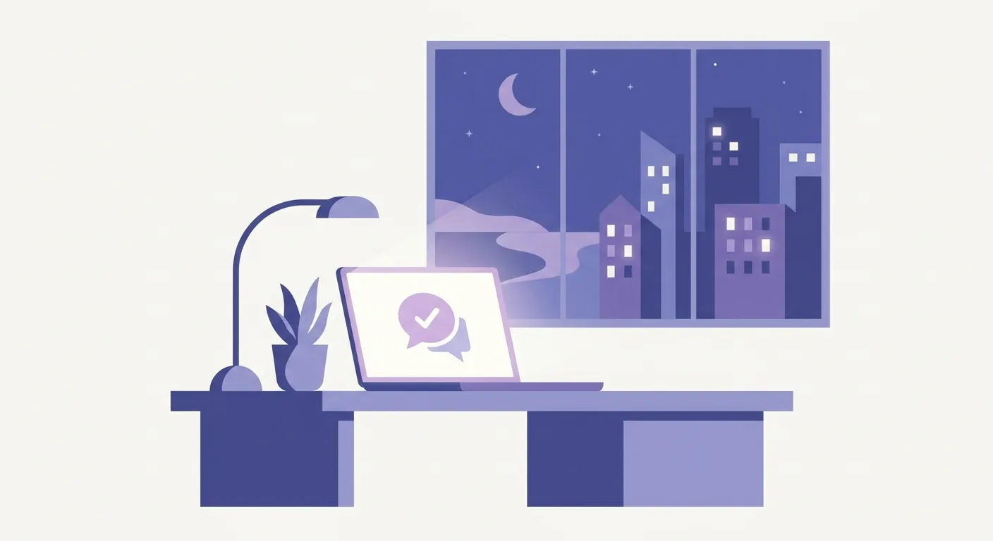 A modern home office in Espoo at night, showing a laptop screen with a friendly chat widget answering a customer's question instantly