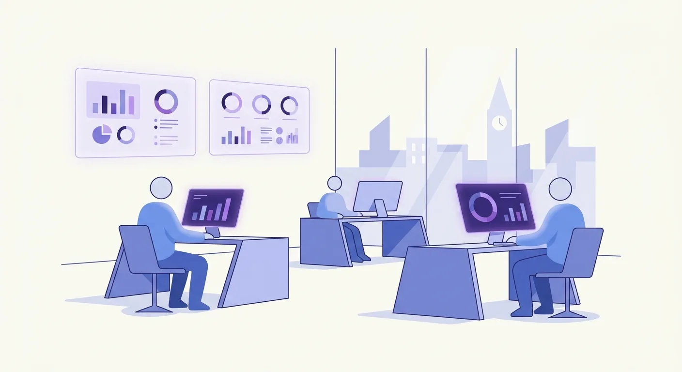 A modern office in Helsinki with a customer support team working alongside digital dashboards showing real-time response metrics.