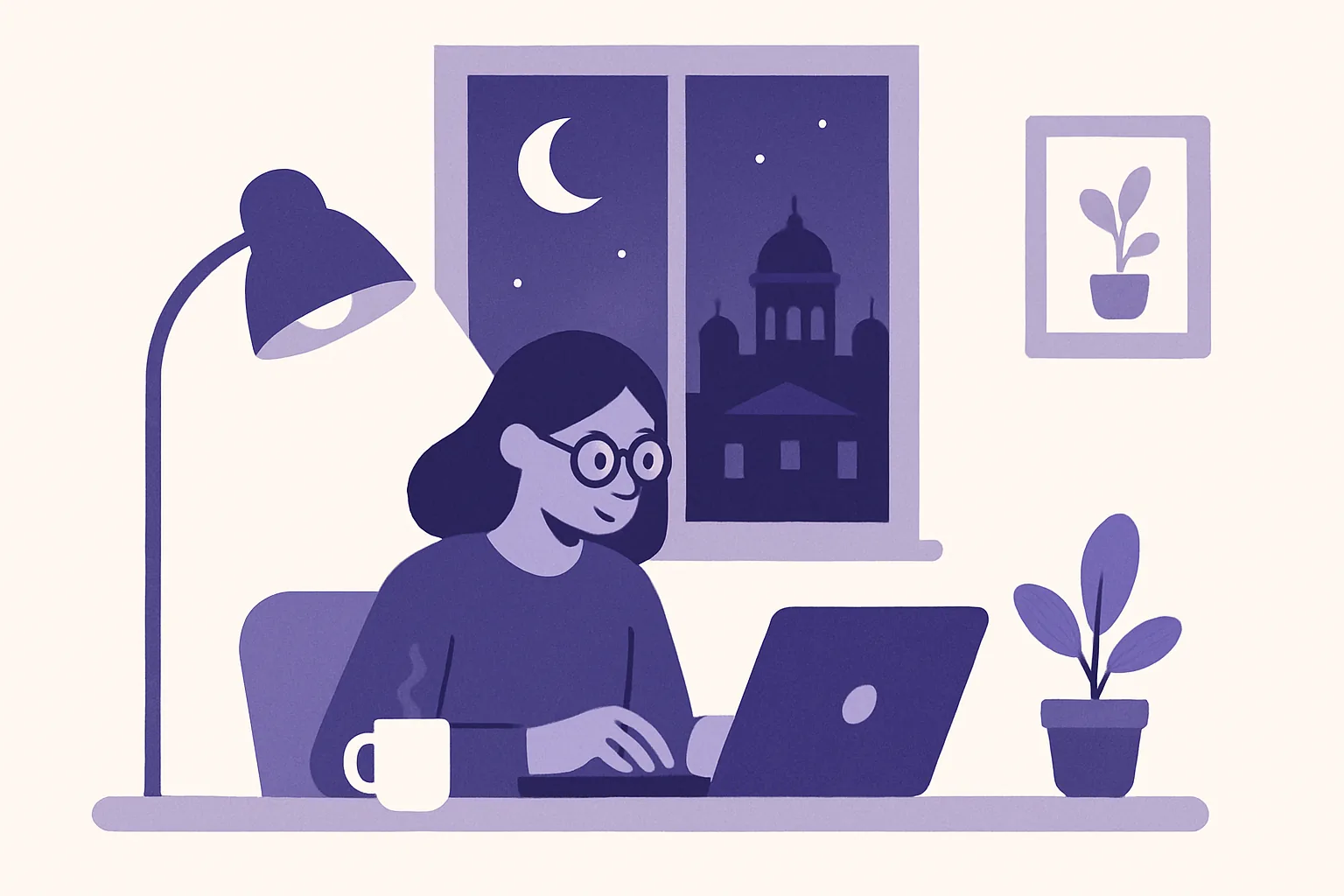A modern professional working late at night on a laptop in a cozy, well-lit Helsinki apartment, showcasing the reality of late-night digital consumer behavior.